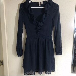 H&M Women Swiss Dots Dress SZ 2 Blue Lace Cuffs Side Zip Ruffled Flare Babydoll